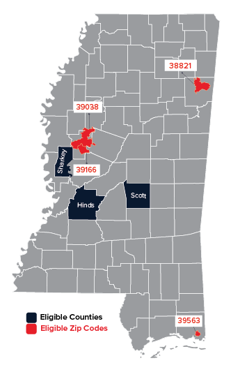 A map of Mississippi, showing counties that qualify for assistance.